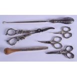 FOUR PAIRS OF VINTAGE SILVER SCISSORS together with a silver handled button hook etc. 312 grams over