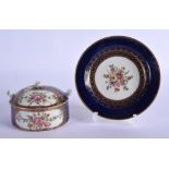 18th c. Worcester butter tub cover and stand of circular shape painted with flower surrounded by an
