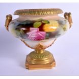 Royal Worcester two handled pedestal vase painted with Hadley style roses date 1908, shape 1960 (Thi