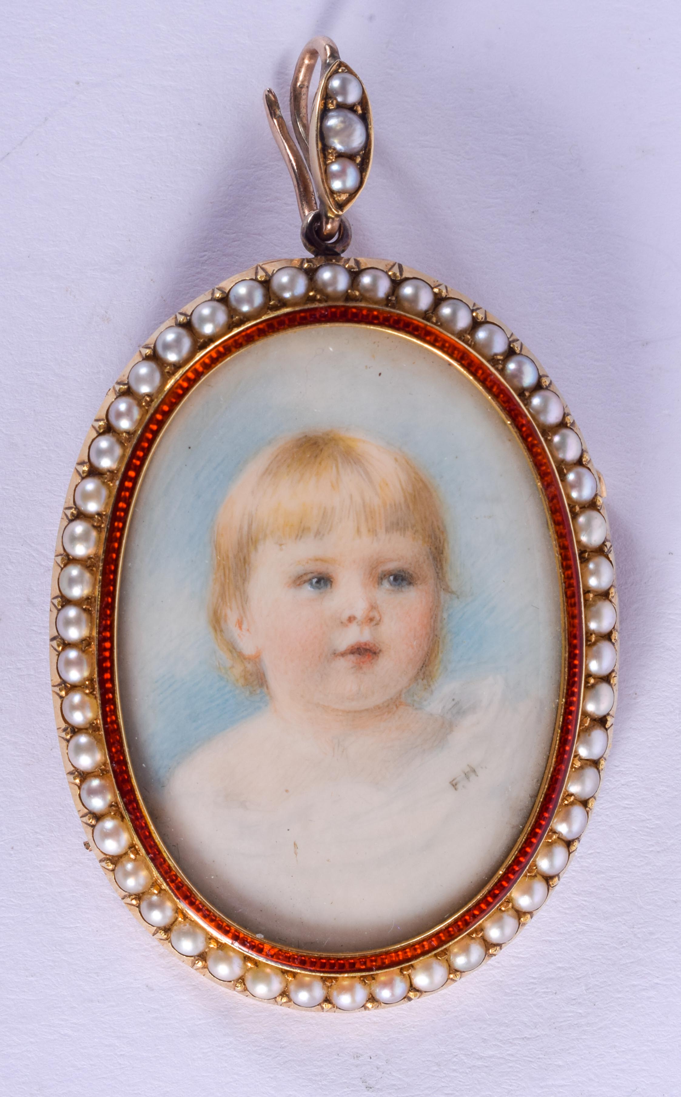 A LOVELY ANTIQUE GOLD ENAMEL AND IVORY PAINTED PEARL PORTRAIT MINIATURE LOCKET. 17.4 grams 3 cm x 4.