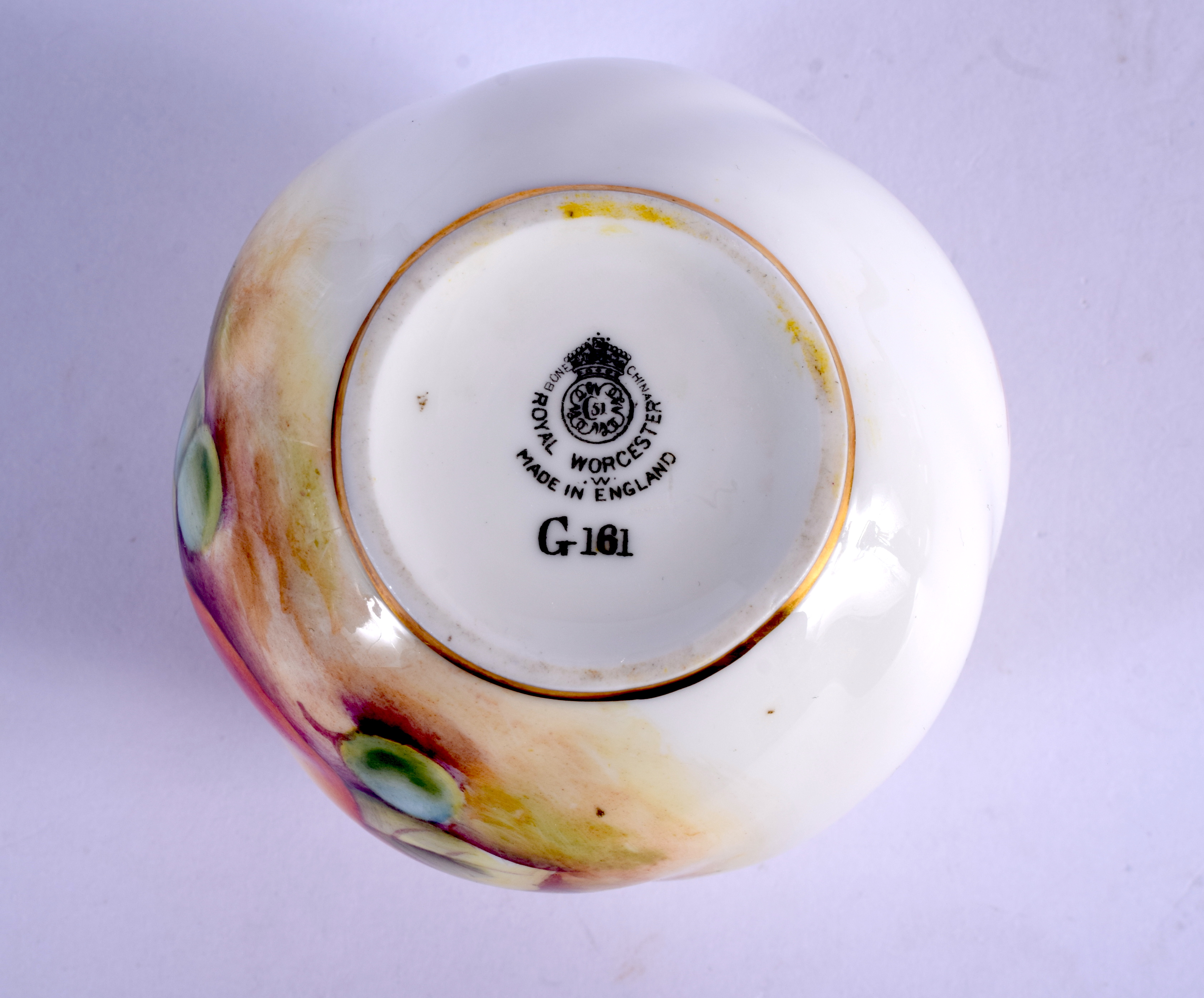 Royal Worcester swirl moulded globular vase painted with fruit signed K Cresswell, dated 1952, shape - Image 3 of 3