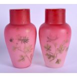 A PAIR OF EDWARDIAN PINK OPAQUE OPALINE GLASS VASES. 16 cm high.