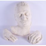 A LARGE PLASTER DEATH MASK OF JOSEPH STALIN with hands. Largest 30 cm x 20 cm. (3)