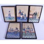 A GOOD SET OF FIVE 19TH CENTURY CHINESE PITH PAPER WATERCOLOURS Qing, formed with figures in interio