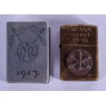 A MILITARY CHROME MATCHBOX HOLDER and another. Largest 6 cm x 4.5 cm. (2)