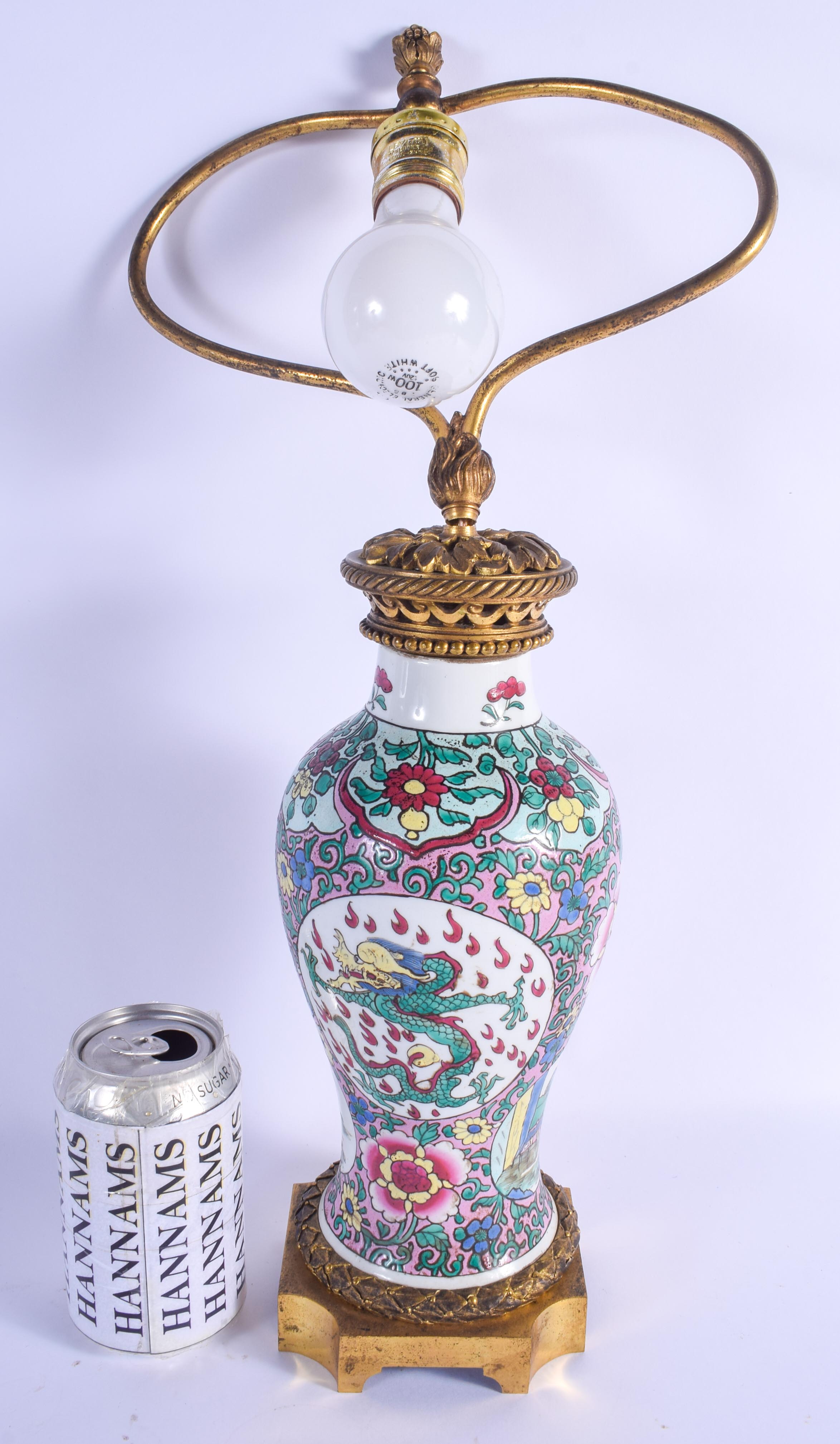 A 19TH CENTURY FRENCH SAMSONS OF PARIS PORCELAIN VASE Chinese style, converted to a lamp. Vase 25.5