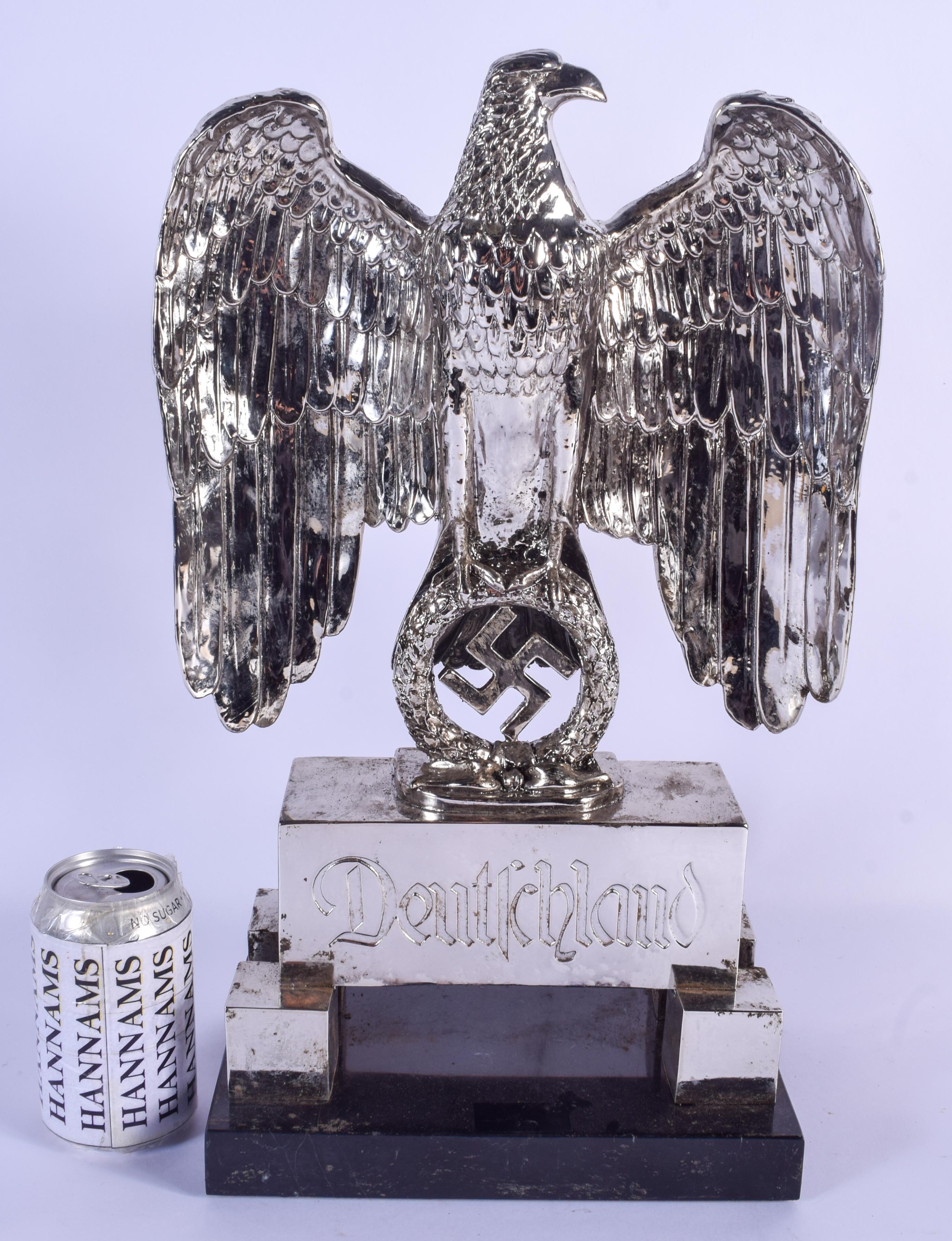 A LARGE GERMAN SILVER PLATED BRONZE AND MARBLE EAGLE CENTREPIECE formed over a swastika. 44 cm x 24