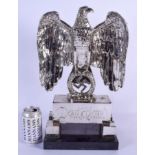 A LARGE GERMAN SILVER PLATED BRONZE AND MARBLE EAGLE CENTREPIECE formed over a swastika. 44 cm x 24