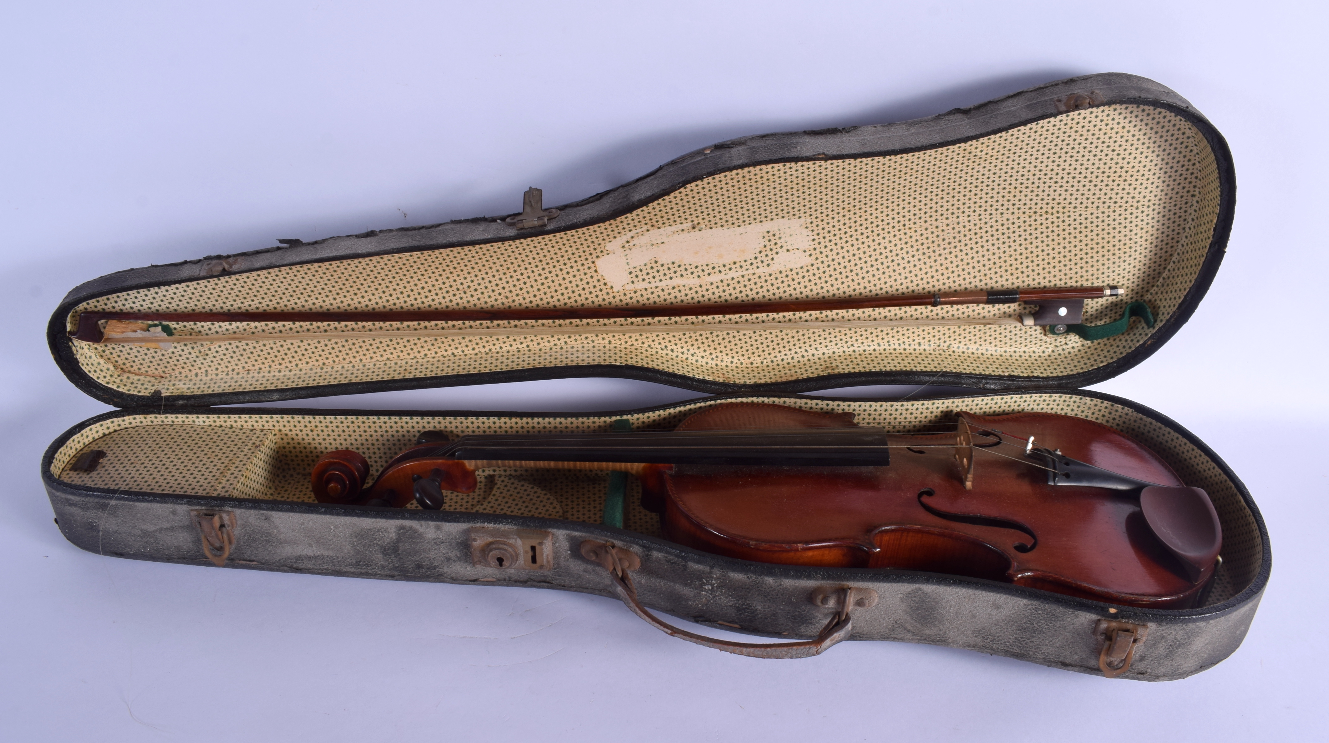 A CASED TWO PIECE BACK VIOLIN with bow. 56 cm long. (2)