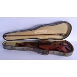 A CASED TWO PIECE BACK VIOLIN with bow. 56 cm long. (2)