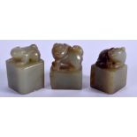 THREE EARLY 20TH CENTURY CHINESE CARVED JADE SEALS. 4 cm x 2.5 cm. (3)