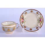 Royal Worcester fine teacup and saucer reticulated in the manner of George Owen painted with cartouc