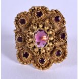 A VINTAGE GOLD AND AMETHYST RING. 6.8 grams. L.