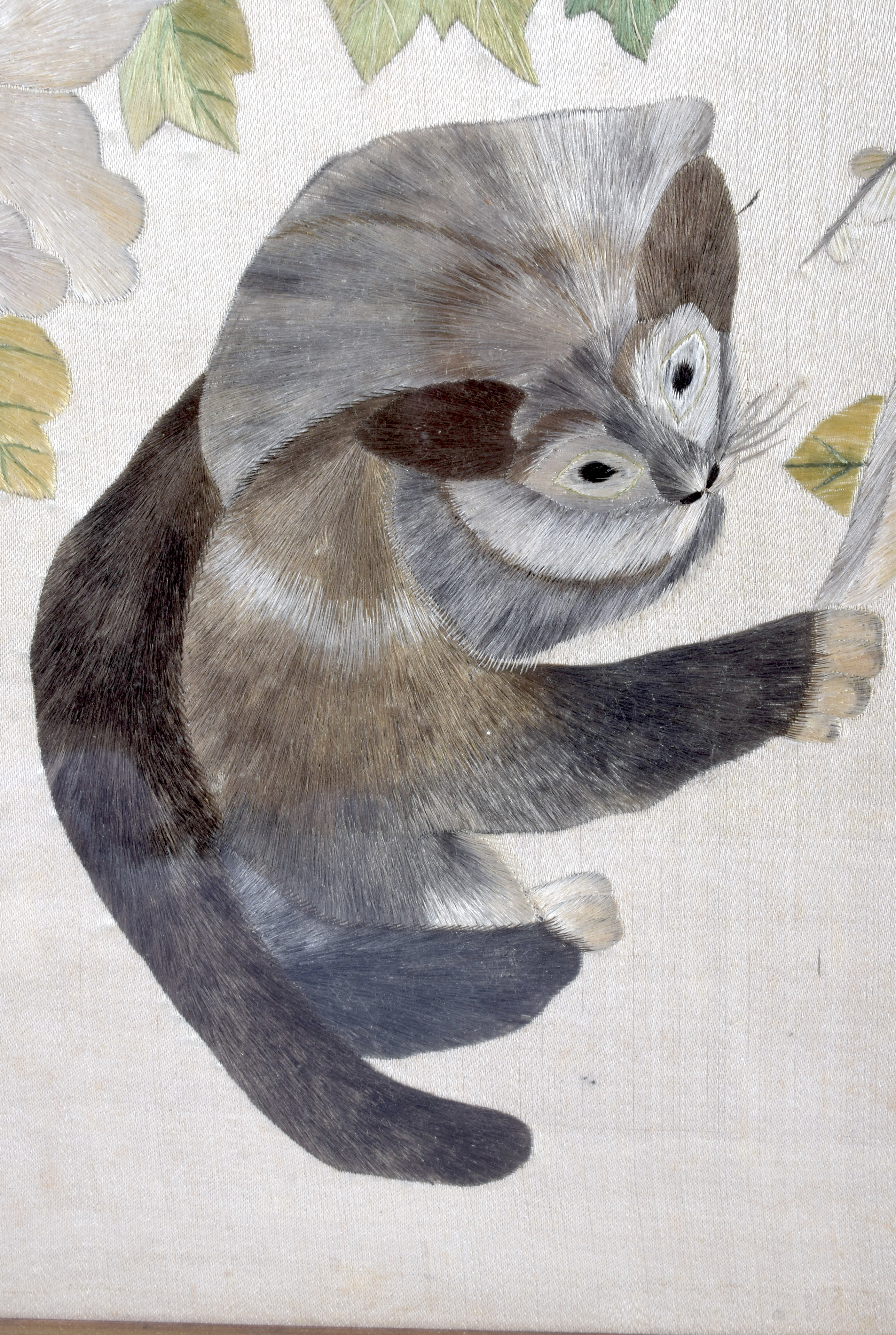 A RARE PAIR OF 19TH CENTURY CHINESE SILK EMBROIDERED PANELS depicting red panda and butterflies. Ima - Image 2 of 6