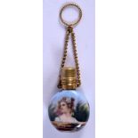 A MINIATURE ANTIQUE PORCELAIN SCENT BOTTLE. 4 cm x 2.5 cm.