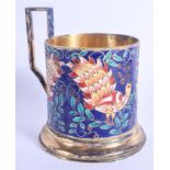 A RARE EARLY 20TH CENTURY RUSSIAN SILVER AND ENAMEL CUP HOLDER decorated with birds. 184 grams. 12 c
