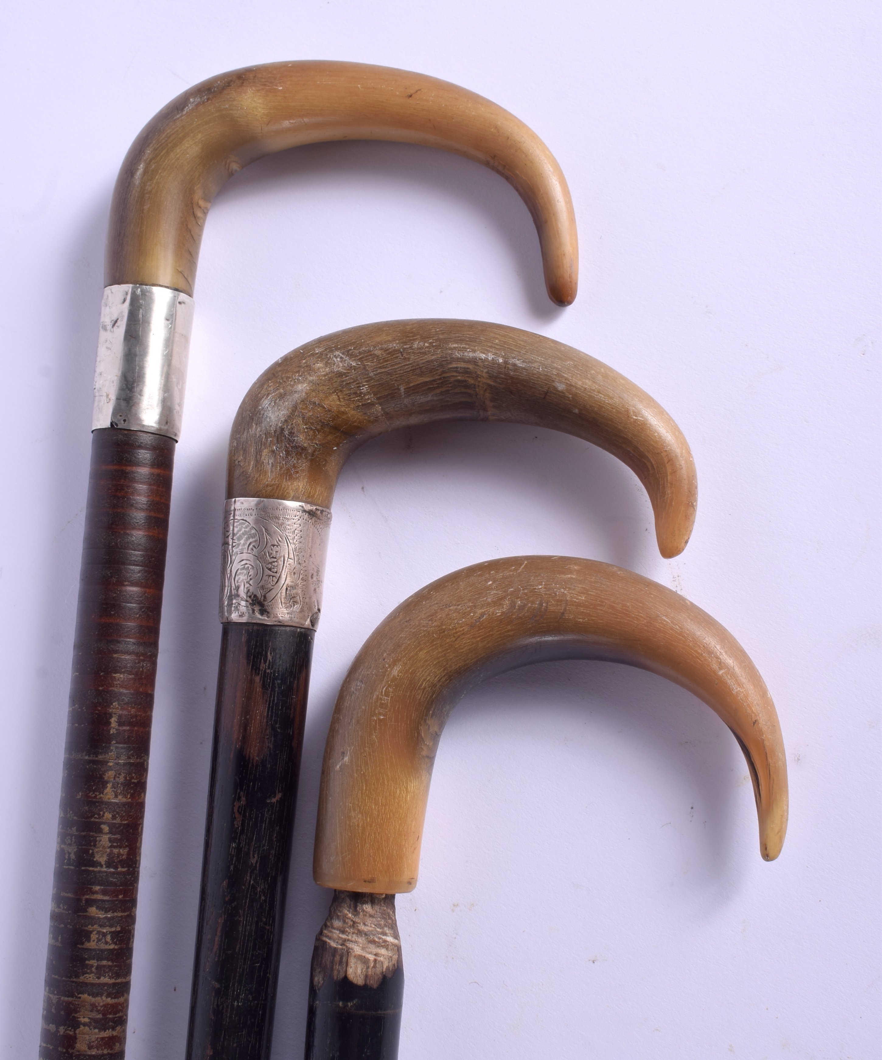 THREE 19TH CENTURY CONTINENTAL RHINOCEROS HORN HANDLED WALKING CANES. Largest 90 cm long. (3) - Image 2 of 5