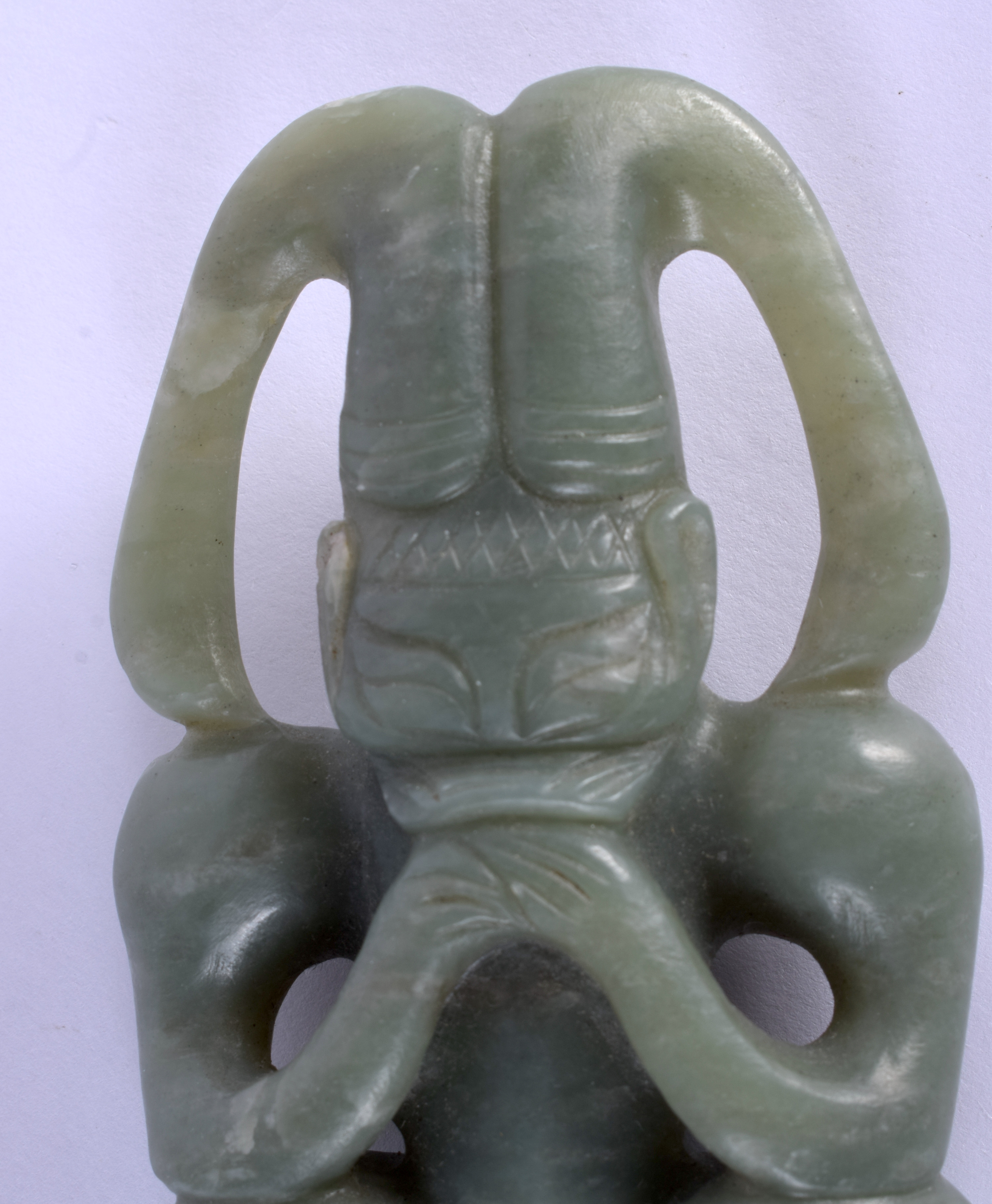A CHINESE CARVED HONGSHAN CULTURE CARVED JADE FIGURE OF A SUN GOD possibly Neolithic period. 12 cm x - Image 8 of 11