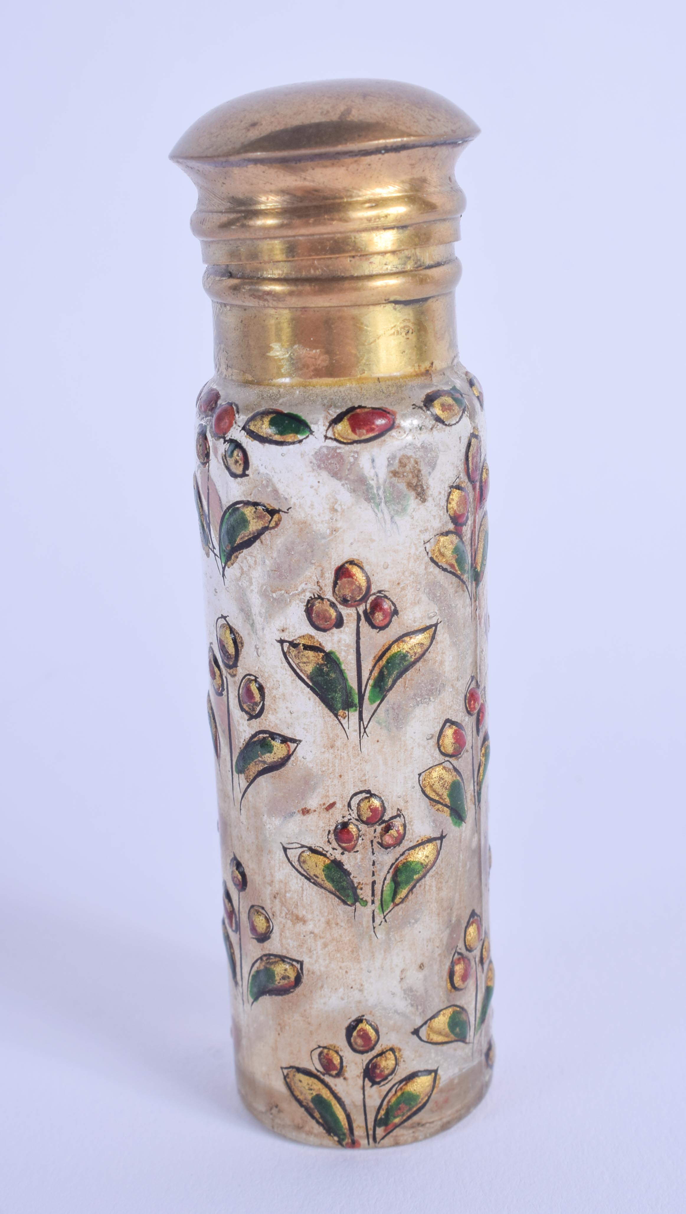 AN ANTIQUE ISLAMIC MIDDLE EASTERN ENAMELLED GLASS SNUFF BOTTLE. 9.5 cm high.