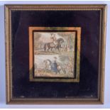 AN UNUSUAL 19TH CENTURY ENGLISH WATERCOLOUR depicting figures upon horseback. Image 5 cm x 6.5 cm.