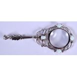 A SILVER AND OPAL MAGNIFYING GLASS. 8 cm long.