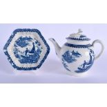 18th c. Caughley teapot, cover and stand printed with the Fisherman pattern, teapot and stand S mark