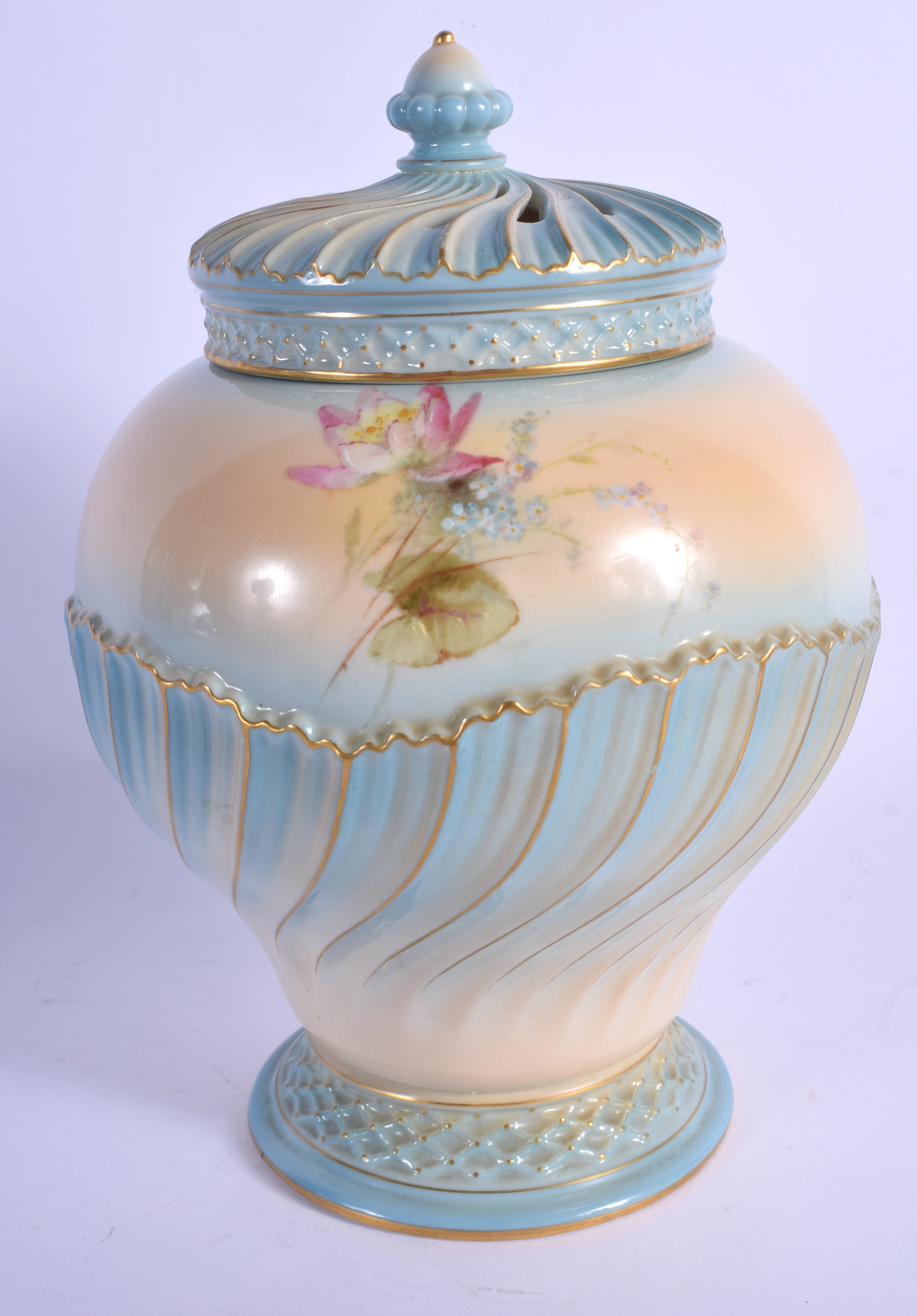 A ROYAL WORCESTER POT POURRI AND TWO COVERS painted in raised enamels with roses on a blush ivory an - Image 2 of 4