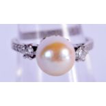 AN ANTIQUE 18CT GOLD DIAMOND AND PEARL RING. 4.4 grams. M. Pearl 0.7 cm x 0.5 cm.