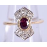 AN ART DECO RUBY DIAMOND AND GOLD RING. 3.8 grams. N.