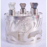 AN ART NOUVEAU SILVER MOUNTED CASED SCENT BOTTLE. 183 grams overall. 14 cm x 11 cm.