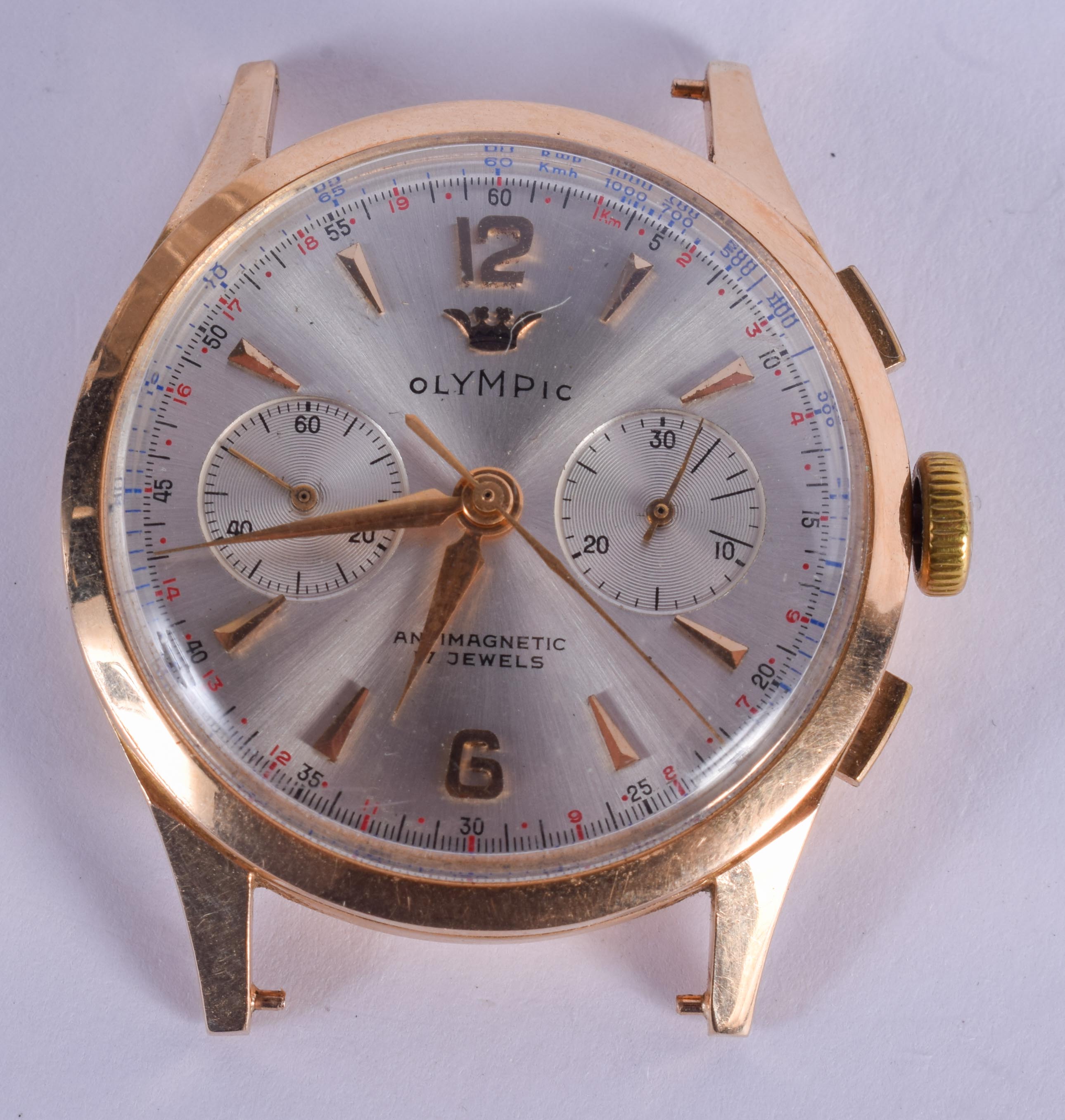 AN 18CT GOLD OLYMPIC CHRONOMETER WATCH. 38.6 grams overall. 3.5 cm diameter.