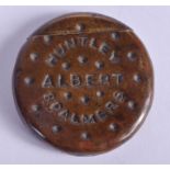 A RARE VINTAGE HUNTLEY & PALMERS BISCUIT VESTA CASE. 5 cm diameter.