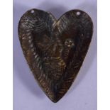 A 19TH CENTURY HEART SHAPED BRONZE DISH bearing spurious inscription to back. 5 cm x 6.25 cm.
