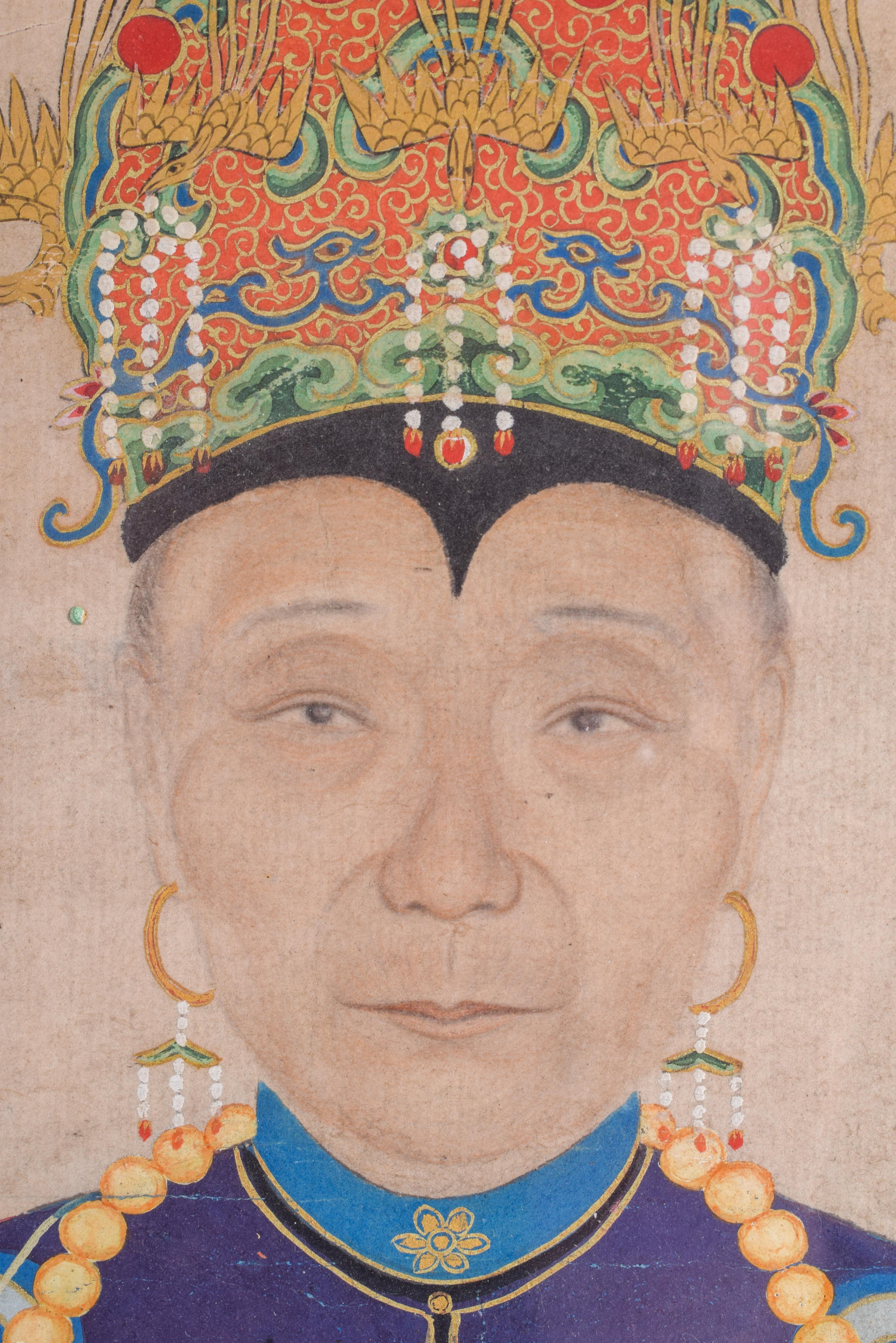 AN ANTIQUE CHINESE PAINTED AND PRINTED ANCESTRAL PORTRAIT. Image 28 cm x 15 cm. - Image 2 of 4