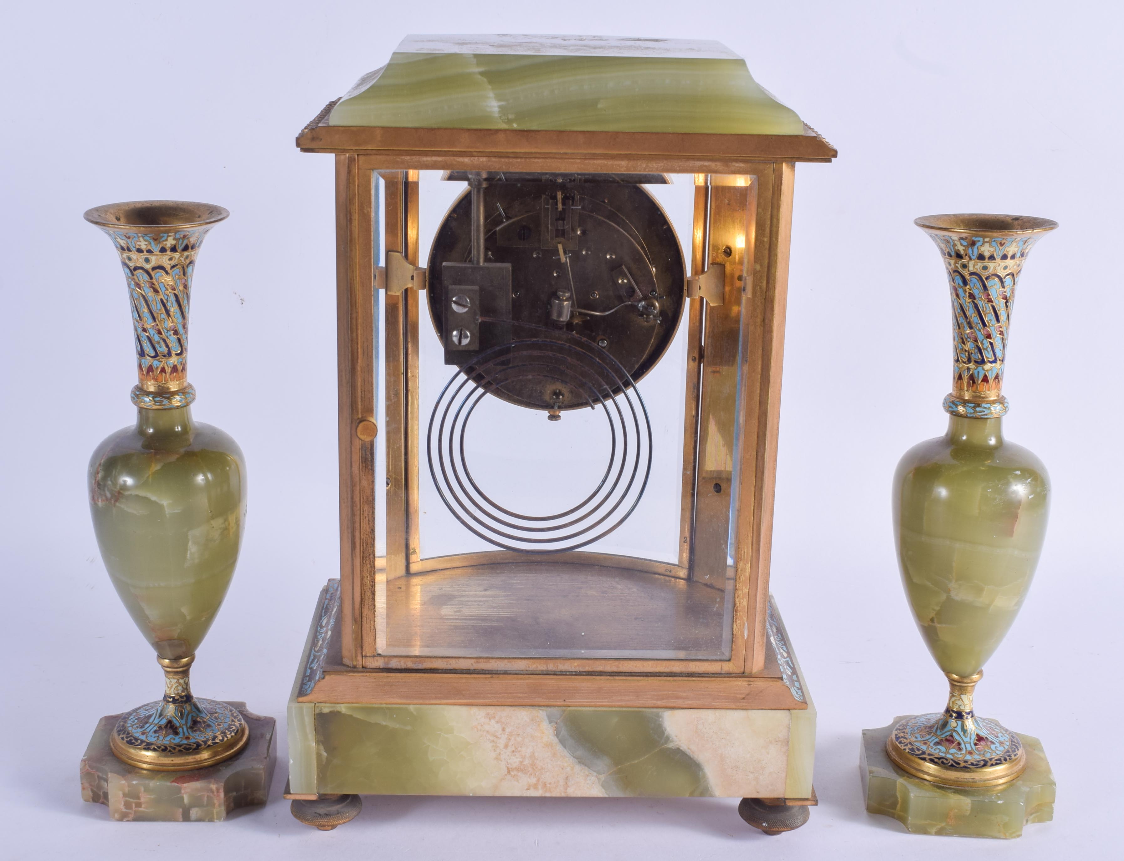 AN ANTIQUE FRENCH ONYX AND CHAMPLEVE ENAMEL CLOCK GARNITURE. Mantel 33 cm x 17 cm. (3) - Image 2 of 2