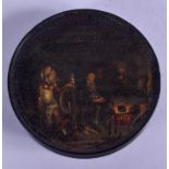 AN EARLY 19TH CENTURY CONTINENTAL PAPIER MACHE SNUFF BOX painted with interiors. 10.5 cm diameter.
