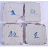 FOUR 18TH CENTURY DUTCH BLUE AND WHITE TILES. 12 cm square. (4)