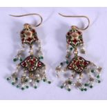 A PAIR OF 19TH CENTURY INDIAN GOLD ENAMEL AND PEARL EARRINGS. 11.8 grams. 5 cm x 2.5 cm.