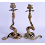 A PAIR OF 19TH CENTURY CONTINENTAL BRONZE SERPENT CANDLESTICKS possibly Indian. 23.5 cm high.