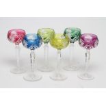 A HARLEQUIN SET OF SIX VAL ST. LAMBERT HOCK GLASSES, the star and strawberry cut bowls on clear