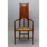 AN ARTS AND CRAFTS "CAQUETEUSE" STYLE MAHOGANY ELBOW CHAIR, c.1900, probably by George Montague