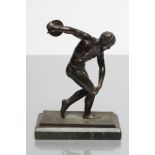 AFTER THE ANTIQUE, The Discus Thrower, bronze with brown patination, on green marble plinth,