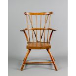 A STICK BACK WINDSOR ARM CHAIR, late 18th century, in ash, elm and beech, earred curved top rail,