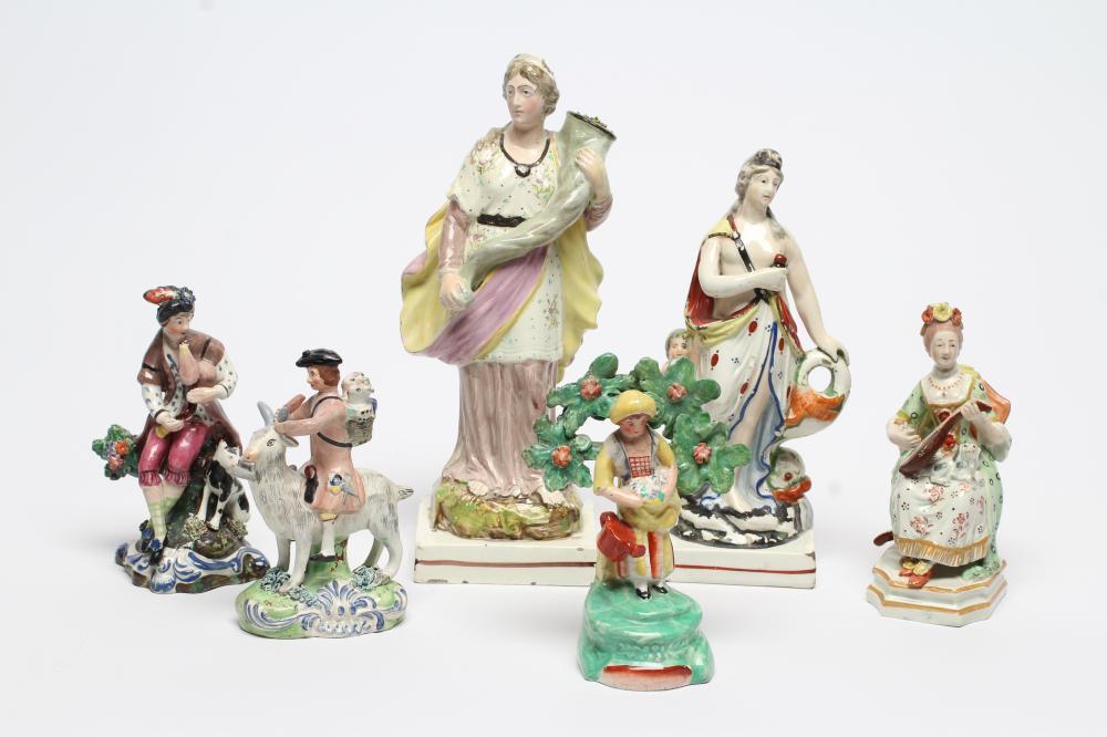 SIX VARIOUS ENGLISH EARTHENWARE FIGURES, late 18th century and later, comprising a pearlware
