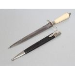 A GERMAN DAGGER, 19th century, with 8 3/8" spear point blade, "S" cross guard, octagonal ivory grip,