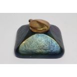 A LOETZ STYLE PEACOCK IRIDESCENT GLASS INKWELL, of rounded square pyramid form with brass mount