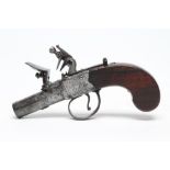 A FLINTLOCK POCKET PISTOL, 18th century, with 1 1/2" twist off barrel, action etched with an