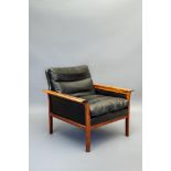 A HANS OLSEN FOR VATNE MOBLER ROSEWOOD ARMCHAIR, model 500, 1950's, upholstered in black leather