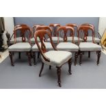 A SET OF TEN VICTORIAN MAHOGANY DINING CHAIRS, in the Grecian style, upholstered in a pale green