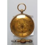 A VICTORIAN 18CT GOLD KEY WIND POCKET WATCH, the engine turned chapter ring with black Roman